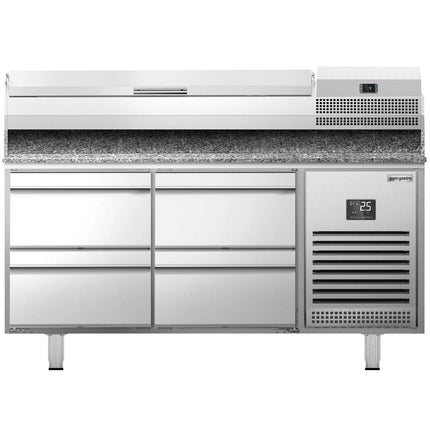 GGM Gastro Commercial Pizza Prep Counter - Granite Top PREMIUM PLUS - 1490x700mm - with 0 doors & 4 dough drawers - incl. refrigerated topping unit - 6x GN 1/4
