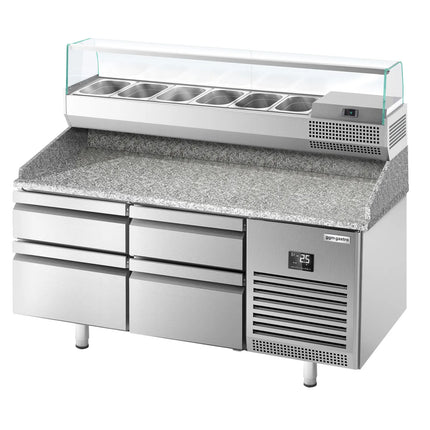 GGM Gastro Commercial Pizza Prep Counter - Granite Top PREMIUM PLUS - 1490x700mm - with 0 doors & 4 drawers - incl. refrigerated topping unit with glass sneeze guard - 6x GN 1/4