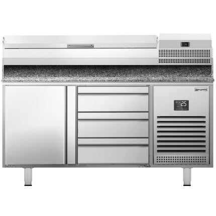GGM Gastro Commercial Pizza Prep Counter - Granite Top PREMIUM PLUS - 1490x700mm - with 1 doors & 3 drawers - incl. refrigerated topping unit - 6x GN 1/4