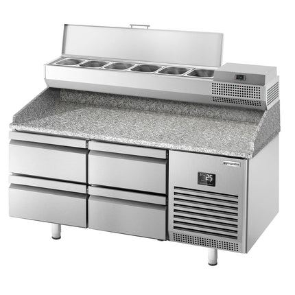 GGM Gastro Commercial Pizza Prep Counter - Granite Top PREMIUM PLUS - 1490x700mm - with 0 doors & 4 dough drawers - incl. refrigerated topping unit - 6x GN 1/4