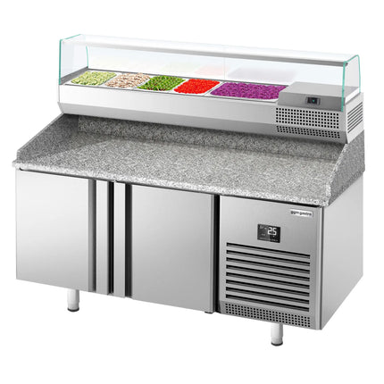 GGM Gastro Commercial Pizza Prep Counter - Granite Top PREMIUM PLUS - 1490x700mm - with 2 doors - incl. refrigerated topping unit with glass sneeze guard - 6x GN 1/4