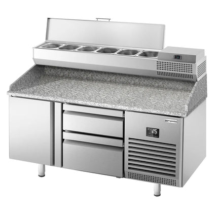GGM Gastro Commercial Pizza Prep Counter - Granite Top PREMIUM PLUS - 1490x700mm - with 1 doors & 2 drawers - incl. refrigerated topping unit - 6x GN 1/4