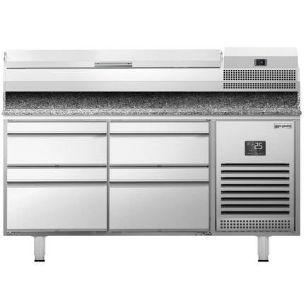 GGM Gastro Commercial Pizza Prep Counter - Granite Top PREMIUM PLUS - 1490x700mm - with 0 doors & 4 dough drawers - incl. refrigerated topping unit - 6x GN 1/4