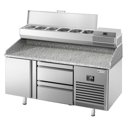 GGM Gastro Commercial Pizza Prep Counter - Granite Top PREMIUM PLUS - 1490x700mm - with 1 doors & 2 drawers - incl. refrigerated topping unit - 6x GN 1/4