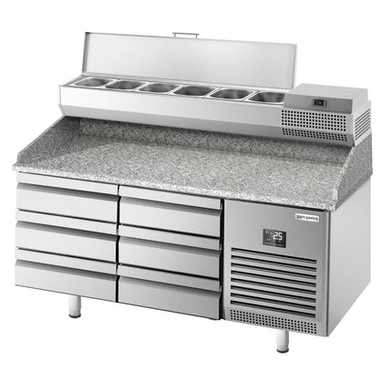 GGM Gastro Commercial Pizza Prep Counter - Granite Top PREMIUM PLUS - 1490x700mm - with 0 doors & 6 drawers - incl. refrigerated topping unit - 6x GN 1/4