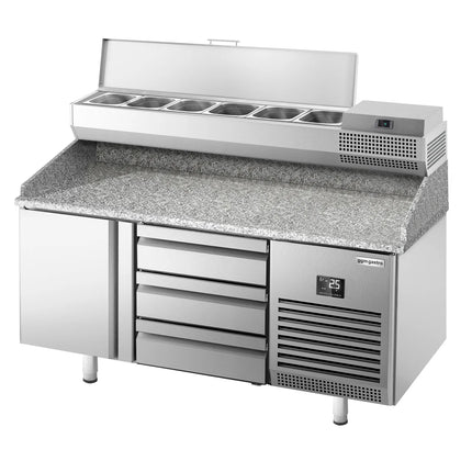 GGM Gastro Commercial Pizza Prep Counter - Granite Top PREMIUM PLUS - 1490x700mm - with 1 doors & 3 drawers - incl. refrigerated topping unit - 6x GN 1/4