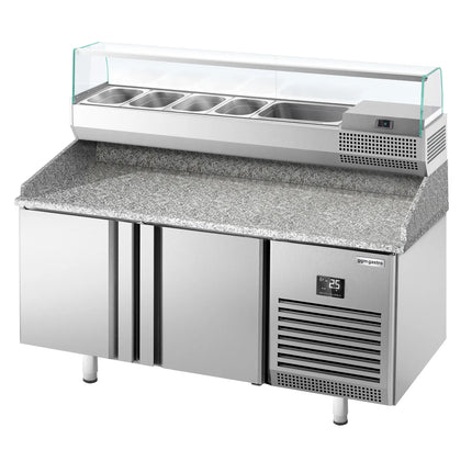 GGM Gastro Commercial Pizza Prep Counter - Granite Top PREMIUM PLUS - 1490x700mm - with 2 doors - incl. refrigerated topping unit with glass sneeze guard - 6x GN 1/4