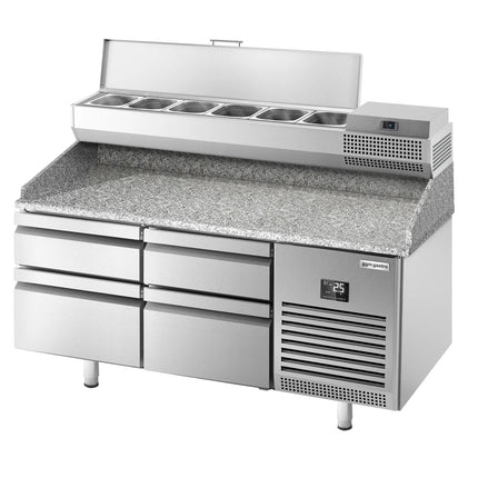 GGM Gastro Commercial Pizza Prep Counter - Granite Top PREMIUM PLUS - 1490x700mm - with 0 doors & 4 dough drawers - incl. refrigerated topping unit - 6x GN 1/4