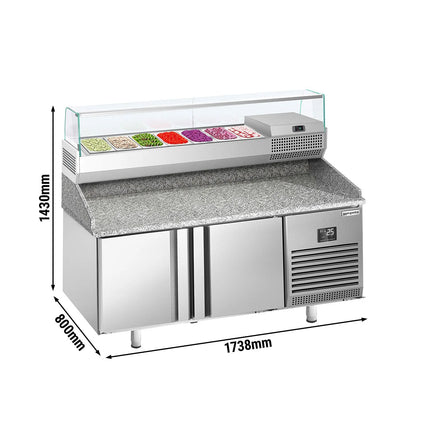 GGM Gastro Commercial Pizza Prep Counter - Granite Top PREMIUM PLUS - 1738x800mm - with 2 doors - incl. refrigerated topping unit with glass sneeze guard - 7x GN 1/4