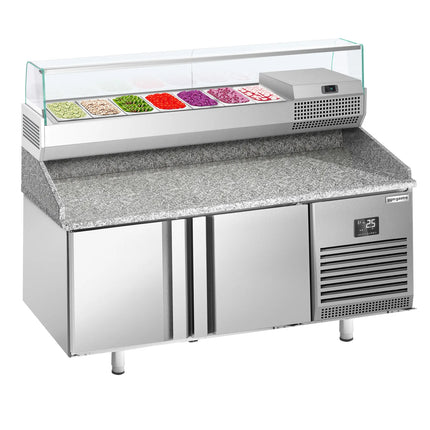 GGM Gastro Commercial Pizza Prep Counter - Granite Top PREMIUM PLUS - 1738x800mm - with 2 doors - incl. refrigerated topping unit with glass sneeze guard - 7x GN 1/4