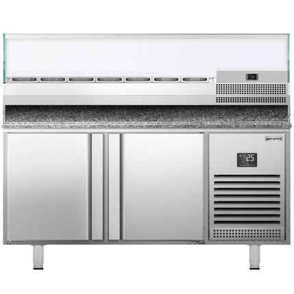 GGM Gastro Commercial Pizza Prep Counter - Granite Top PREMIUM PLUS - 1738x800mm - with 2 doors - incl. refrigerated topping unit with glass sneeze guard - 7x GN 1/4