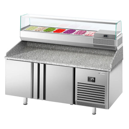 GGM Gastro Commercial Pizza Prep Counter - Granite Top PREMIUM PLUS - 1738x800mm - with 2 doors - incl. refrigerated topping unit with glass sneeze guard - 7x GN 1/4
