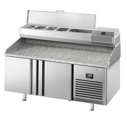 GGM Gastro Commercial Pizza Prep Counter - Granite Top PREMIUM PLUS - 1738x800mm - with 2 doors - incl. refrigerated topping unit - 6x GN 1/3