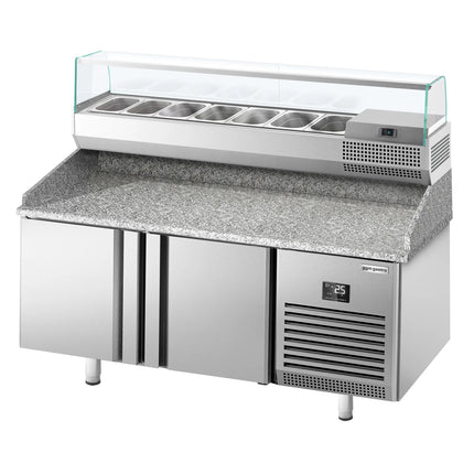 GGM Gastro Commercial Pizza Prep Counter - Granite Top PREMIUM PLUS - 1738x800mm - with 2 doors - incl. refrigerated topping unit with glass sneeze guard - 7x GN 1/4
