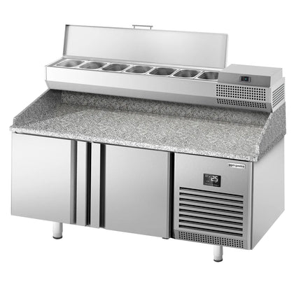 GGM Gastro Commercial Pizza Prep Counter - Granite Top PREMIUM PLUS - 1738x800mm - with 2 doors - incl. refrigerated topping unit - 7x GN 1/4