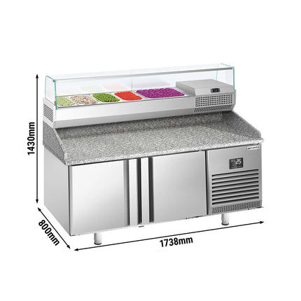 GGM Gastro Commercial Pizza Prep Counter - Granite Top PREMIUM PLUS - 1783x800mm - with 2 doors - incl. refrigerated topping unit with glass sneeze guard - 6x GN 1/3