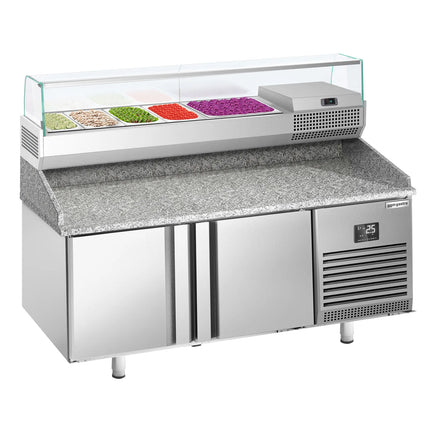 GGM Gastro Commercial Pizza Prep Counter - Granite Top PREMIUM PLUS - 1783x800mm - with 2 doors - incl. refrigerated topping unit with glass sneeze guard - 6x GN 1/3