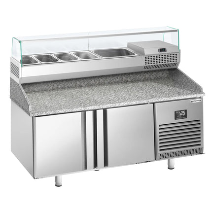 GGM Gastro Commercial Pizza Prep Counter - Granite Top PREMIUM PLUS - 1783x800mm - with 2 doors - incl. refrigerated topping unit with glass sneeze guard - 6x GN 1/3