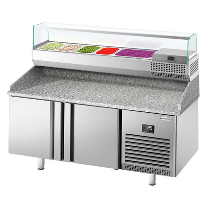 GGM Gastro Commercial Pizza Prep Counter - Granite Top PREMIUM PLUS - 1783x800mm - with 2 doors - incl. refrigerated topping unit with glass sneeze guard - 6x GN 1/3
