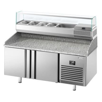 GGM Gastro Commercial Pizza Prep Counter - Granite Top PREMIUM PLUS - 1783x800mm - with 2 doors - incl. refrigerated topping unit with glass sneeze guard - 6x GN 1/3
