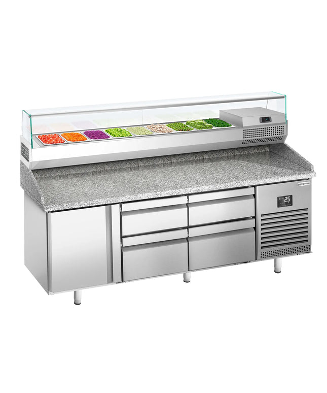 GGM Gastro Commercial Pizza Prep Counter - Granite Top PREMIUM PLUS - 1980x700mm - with 1 doors & 4 drawers - incl. refrigerated topping unit with glass sneeze guard - 9x GN 1/4
