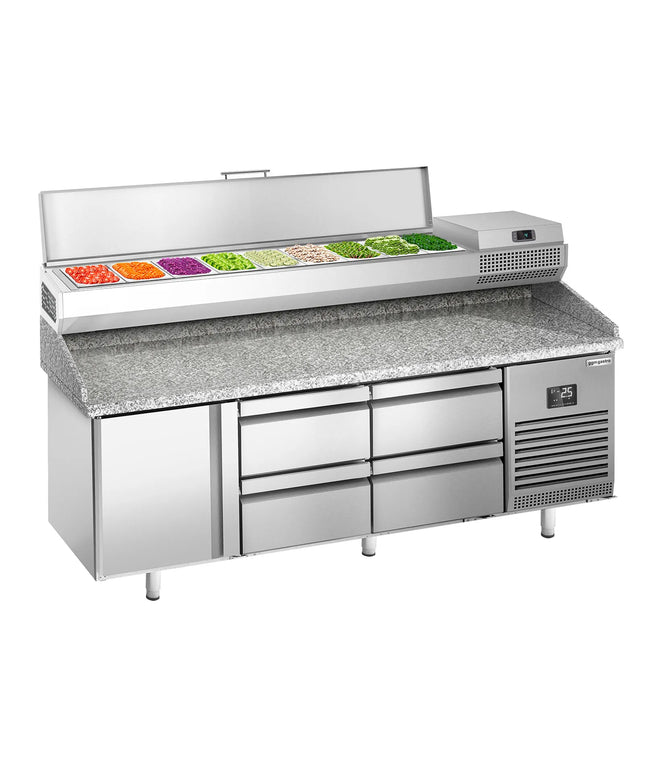 GGM Gastro Commercial Pizza Prep Counter - Granite Top PREMIUM PLUS - 1980x700mm - with 1 doors & 4 drawers - incl. refrigerated topping unit - 9x GN 1/4