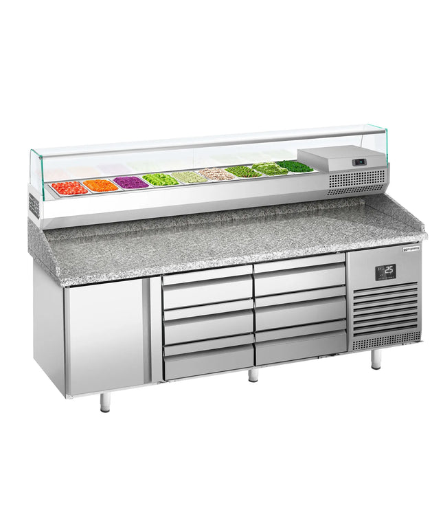 GGM Gastro Commercial Pizza Prep Counter - Granite Top PREMIUM PLUS - 1980x700mm - with 1 doors & 6 drawers - incl. refrigerated topping unit with glass sneeze guard - 9x GN 1/4