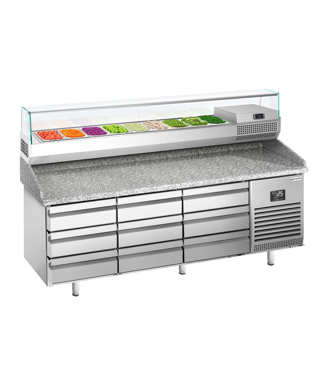 GGM Gastro Commercial Pizza Prep Counter - Granite Top PREMIUM PLUS - 1980x700mm - with 0 doors & 9 dough drawers - incl. refrigerated topping unit with glass sneeze guard - 9x GN 1/4