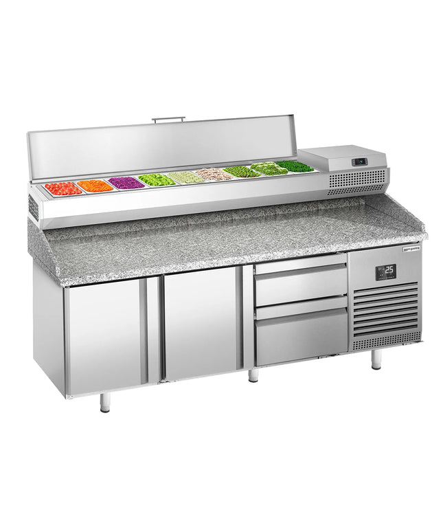 GGM Gastro Commercial Pizza Prep Counter - Granite Top PREMIUM PLUS - 1980x700mm - with 2 doors & 2 drawers - incl. refrigerated topping unit - 9x GN 1/4