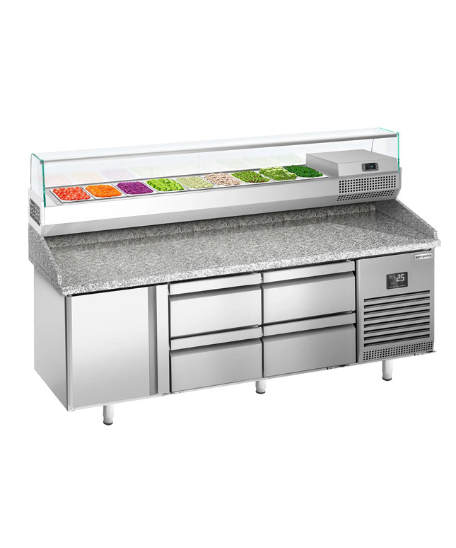 GGM Gastro Commercial Pizza Prep Counter - Granite Top PREMIUM PLUS - 1980x700mm - with 1 doors & 4 drawers - incl. refrigerated topping unit with glass sneeze guard - 9x GN 1/4