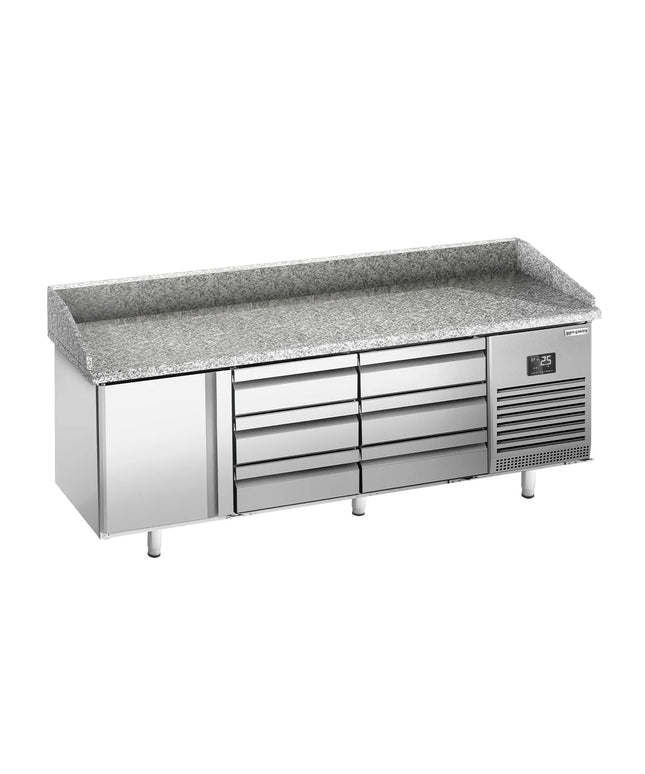 GGM Gastro Commercial Pizza Prep Counter - Granite Top PREMIUM PLUS - 1980x700mm - with 1 doors & 6 drawers - incl. refrigerated topping unit - 11x GN 1/4