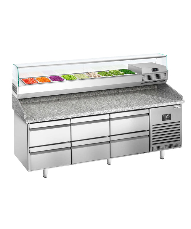 GGM Gastro Commercial Pizza Prep Counter - Granite Top PREMIUM PLUS - 1980x700mm - with 0 doors & 6 dough drawers - incl. refrigerated topping unit with glass sneeze guard - 9x GN 1/4