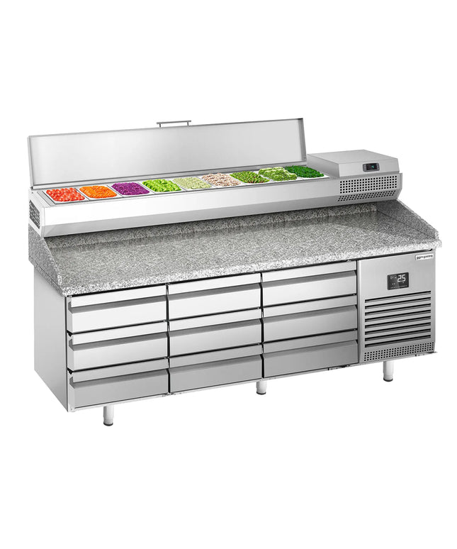 GGM Gastro Commercial Pizza Prep Counter - Granite Top PREMIUM PLUS - 1980x700mm - with 0 doors & 9 drawers - incl. refrigerated topping unit - 9x GN 1/4