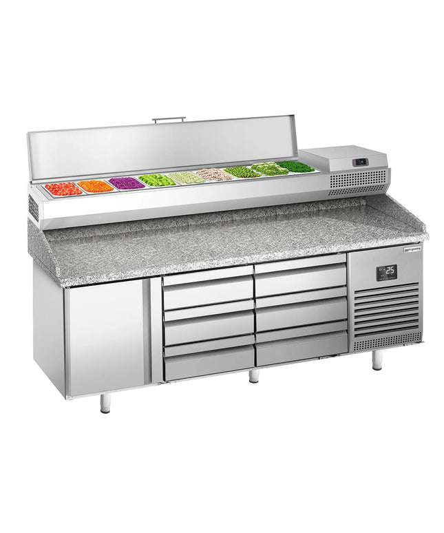 GGM Gastro Commercial Pizza Prep Counter - Granite Top PREMIUM PLUS - 1980x700mm - with 1 doors & 6 drawers - incl. refrigerated topping unit - 9x GN 1/4
