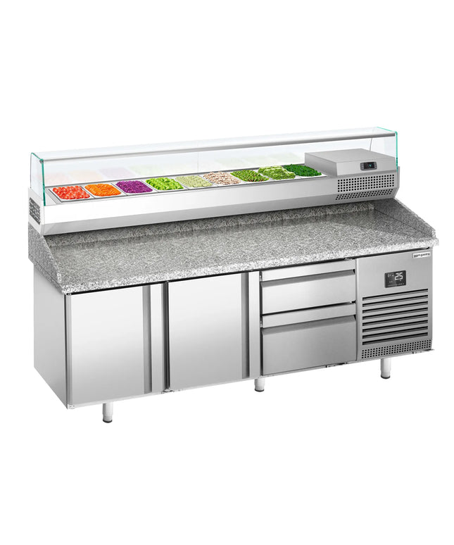 GGM Gastro Commercial Pizza Prep Counter - Granite Top PREMIUM PLUS - 1980x700mm - with 2 doors & 2 drawers - incl. refrigerated topping unit with glass sneeze guard - 9x GN 1/4