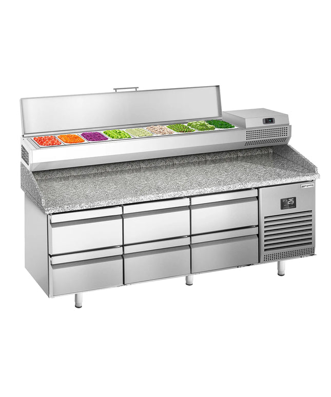 GGM Gastro Commercial Pizza Prep Counter - Granite Top PREMIUM PLUS - 1980x700mm - with 0 doors & 6 dough drawers - incl. refrigerated topping unit - 9x GN 1/4