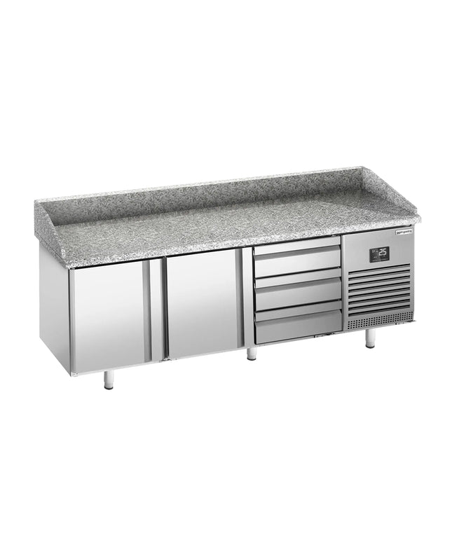 GGM Gastro Commercial Pizza Prep Counter - Granite Top PREMIUM PLUS - 1980x1139mm - with 2 doors & 3 drawers - incl. refrigerated topping unit - 10x GN 1/4