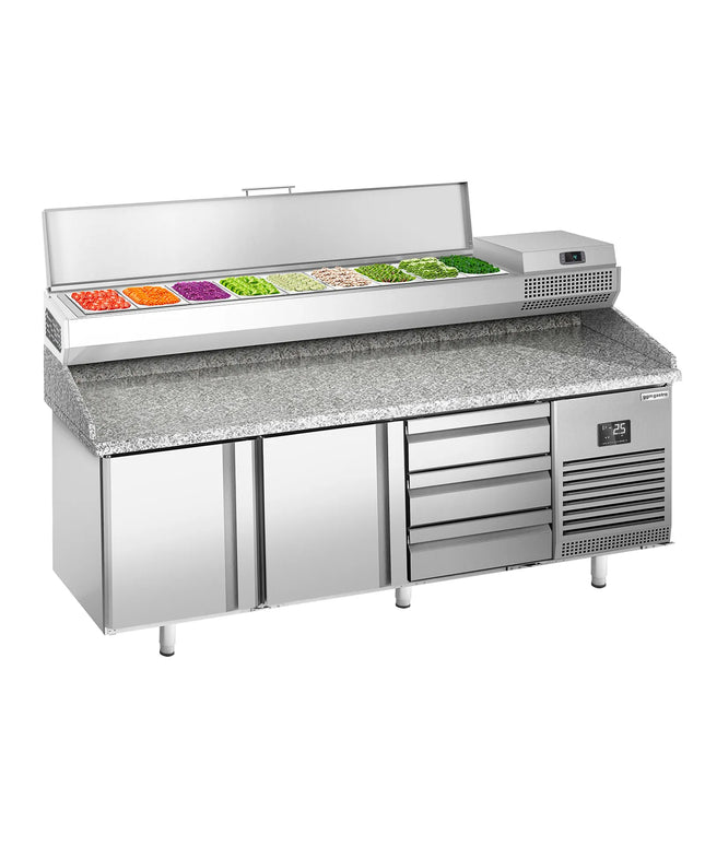 GGM Gastro Commercial Pizza Prep Counter - Granite Top PREMIUM PLUS - 1980x700mm - with 2 doors & 3 drawers - incl. refrigerated topping unit - 9x GN 1/4