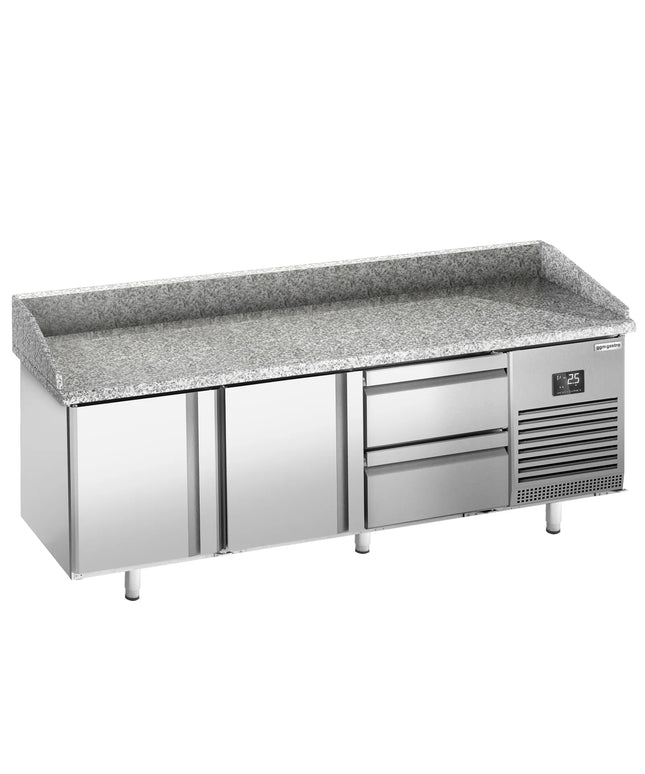 GGM Gastro Commercial Pizza Prep Counter - Granite Top PREMIUM PLUS - 1980x700mm - with 2 doors & 2 drawers