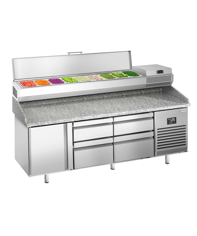 GGM Gastro Commercial Pizza Prep Counter - Granite Top PREMIUM PLUS - 1980x700mm - with 1 doors & 4 drawers - incl. refrigerated topping unit - 9x GN 1/4