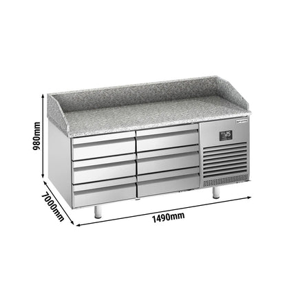 GGM Gastro Commercial Pizza Prep Counter - Granite Top PREMIUM PLUS - 1980x700mm - with 0 doors & 6 dough drawers