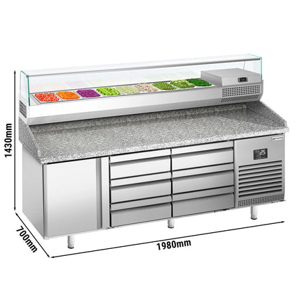 GGM Gastro Commercial Pizza Prep Counter - Granite Top PREMIUM PLUS - 1980x700mm - with 1 doors & 6 drawers - incl. refrigerated topping unit with glass sneeze guard - 9x GN 1/4