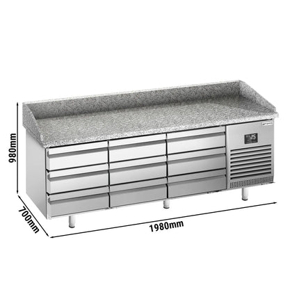 GGM Gastro Commercial Pizza Prep Counter - Granite Top PREMIUM PLUS - 1980x700mm - with 0 doors & 9 dough drawers
