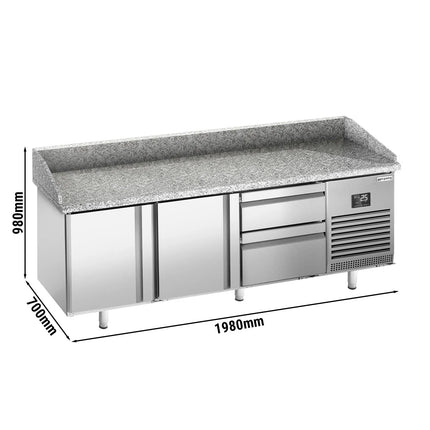 GGM Gastro Commercial Pizza Prep Counter - Granite Top PREMIUM PLUS - 1980x700mm - with 2 doors & 2 drawers