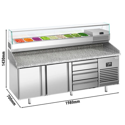 GGM Gastro Commercial Pizza Prep Counter - Granite Top PREMIUM PLUS - 1980x700mm - with 2 doors & 3 drawers - incl. refrigerated topping unit with glass sneeze guard - 9x GN 1/4
