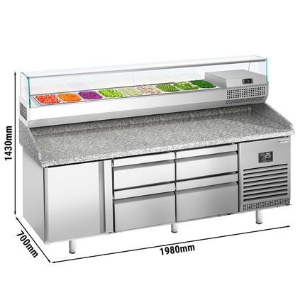 GGM Gastro Commercial Pizza Prep Counter - Granite Top PREMIUM PLUS - 1980x700mm - with 1 doors & 4 drawers - incl. refrigerated topping unit with glass sneeze guard - 9x GN 1/4