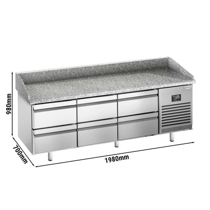 GGM Gastro Commercial Pizza Prep Counter - Granite Top PREMIUM PLUS - 1980x700mm - with 0 doors & 6 dough drawers