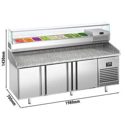 GGM Gastro Commercial Pizza Prep Counter - Granite Top PREMIUM PLUS - 1980x700mm - with 3 doors - incl. refrigerated topping unit with glass sneeze guard - 9x GN 1/4
