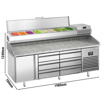 GGM Gastro Commercial Pizza Prep Counter - Granite Top PREMIUM PLUS - 1980x700mm - with 1 doors & 6 drawers - incl. refrigerated topping unit - 9x GN 1/4