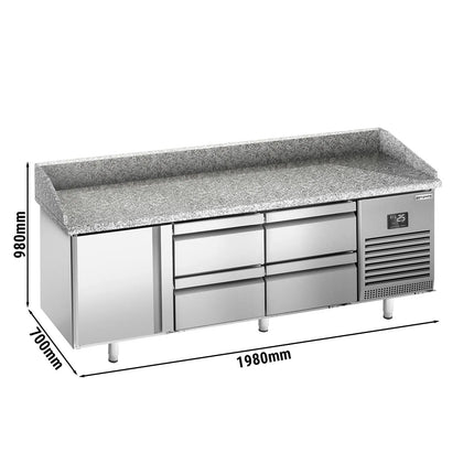 GGM Gastro Commercial Pizza Prep Counter - Granite Top PREMIUM PLUS - 1980x700mm - with 1 doors & 4 drawers
